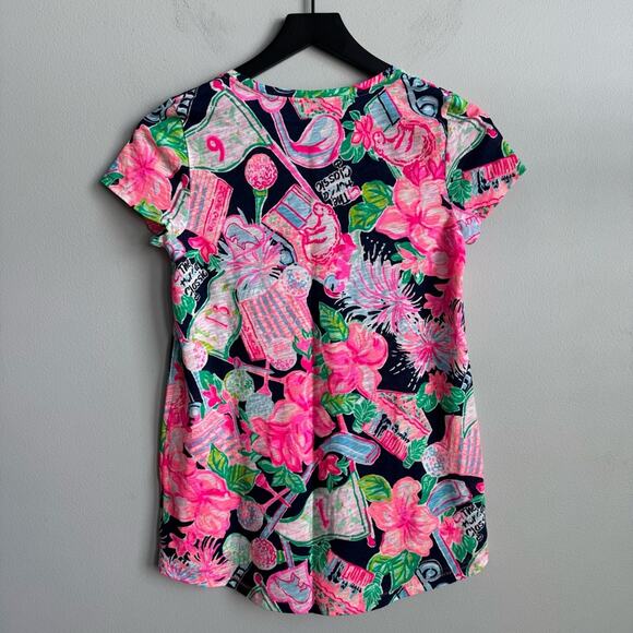Lilly Pulitzer Etta V-neck Tee in High Tide Navy Honda Classic Print XXS - Picture 7 of 9